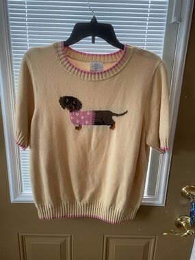 St. John's Bay Yellow Sweater with Pink Trim and Dachshund Motif